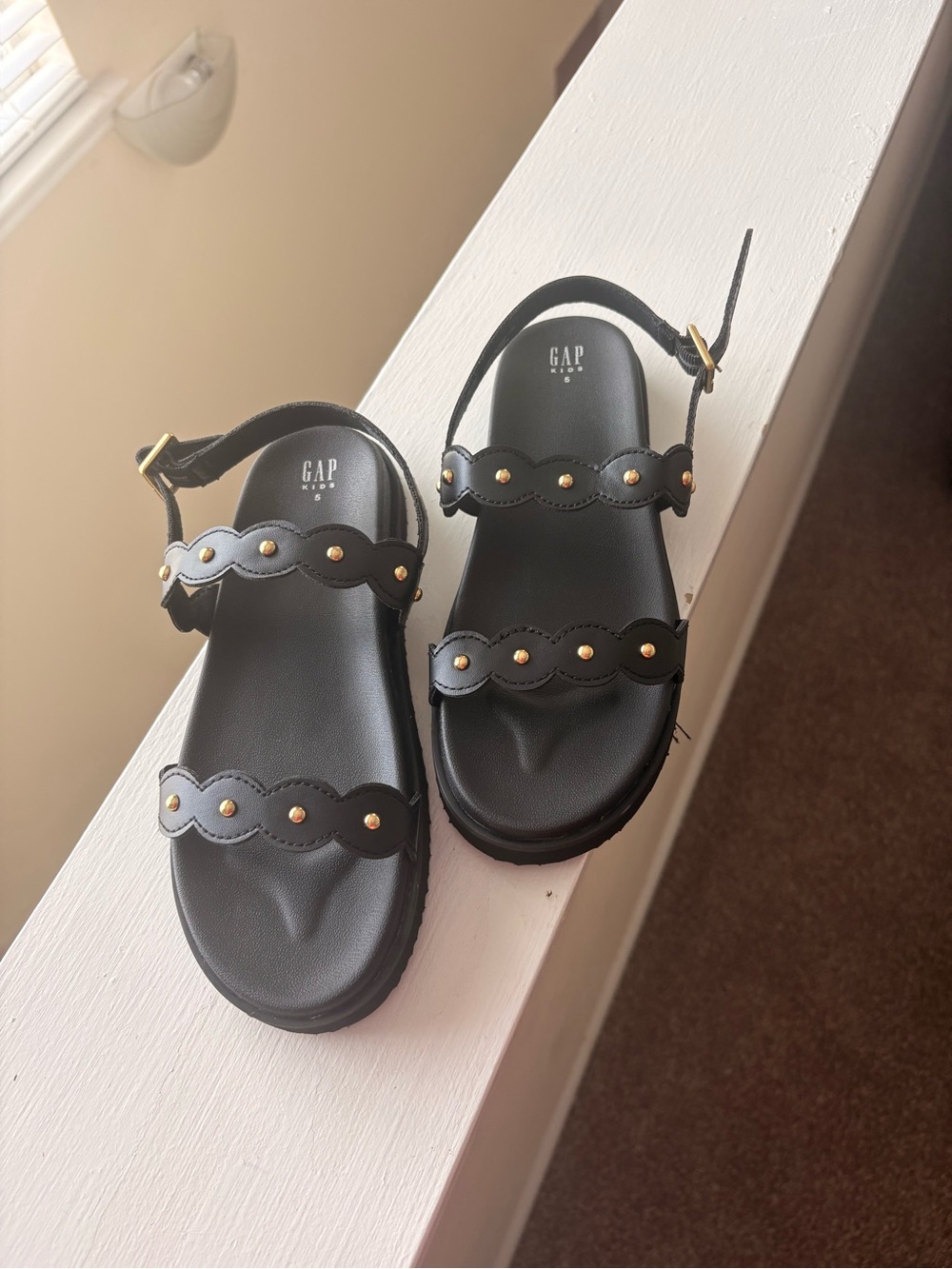 GAP Black Scalloped Double-Strap Sandals with Gold Studs